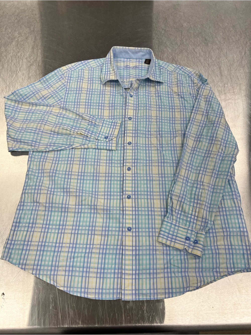 Tasso Elba Men's Plaid Button-Up Shirt in Light Blue, yellow and Green XL